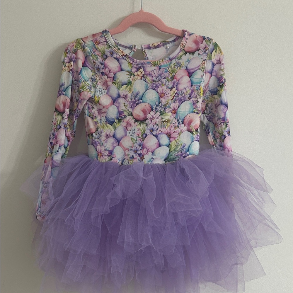 Purple Floral Egg-Print Tutu Kids Dress Easter